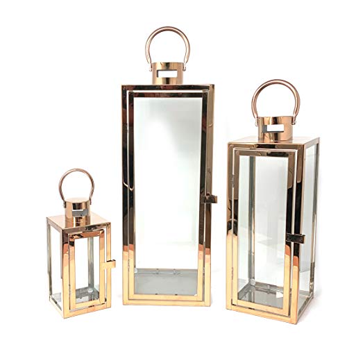 Allgala 3-PC Lantern Set 23 Inch Jumbo Deluxe Modern Indoor/Outdoor Candle Lantern Set Stainless Steel Frame Tempered Glass Rectangular Rose Gold for Garden Poolside Fireplace Wedding - color: Cuboid Rose Gold