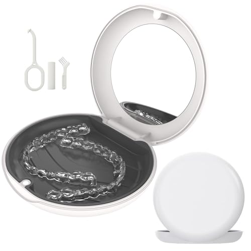 Retainer Case with Mirror, Slim Aligner Case Compatible with Invisalign, Cute Retainer Case with Silicone Pad, Mouth Guard Case with Retainer Removal Tool, Chewy and Brush, White - color: White with Mirror