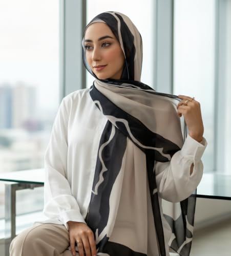 Hijab Modest and Elegant | Beautifully Designed Printed Chiffon Patterns | Muslim Women Head Scarf and Veil - color: Black B