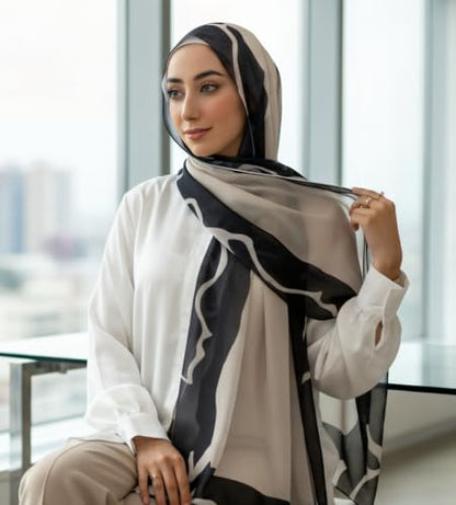 Hijab Modest and Elegant | Beautifully Designed Printed Chiffon Patterns | Muslim Women Head Scarf and Veil - color: Black B