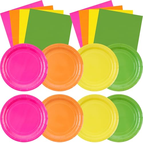Zhehao 120 Pcs Disposable Paper Dessert Plates and Napkins Set, 7 Inch Party Cake Appetizer Plate with Napkin for Birthday Baby Shower Wedding Easter(Neon) - color: Neon