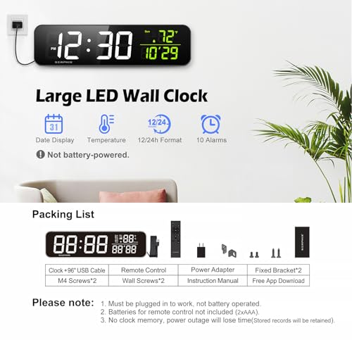 15.2" Gym Timer, App & Remote Control, Customizable LED Colors, Temperature, Date, Workout Interval Timer Stopwatch Countdown Large Digital Wall Clock for Home Gym Garage