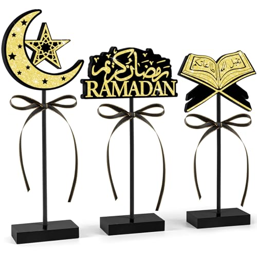 3 Pcs Ramadan Table Decorations Wooden Centerpieces - Glitter Crescent Star, Ramadan Calligraphy & Quran Book Ornaments for Ramadan Kareem, Eid Al-Fitr Islamic Home Party Table Decor - color: Black and Gold 1