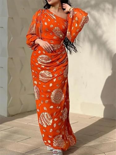 Women Floral Gold Stamping Chiffon Dress Turkish Dubai Party Evening Dress Puff Sleeve Long Gown - size: Large