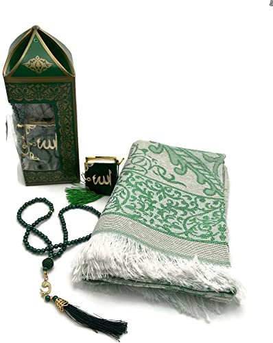 Eid Muslim Gift Set Prayer Rug Seccade Pearl Tasbeeh Prayer Beads and Pocket or Car Decor Mini Quran + Janamaz 3pcs/Set (Green) - color: Green