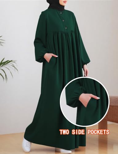 Womens Abaya Muslim Prayer 2 Pockets Long Sleeve Front Button Maxi Dresses Casual Islamic Clothes - color: Dark Green, size: 3X-Large