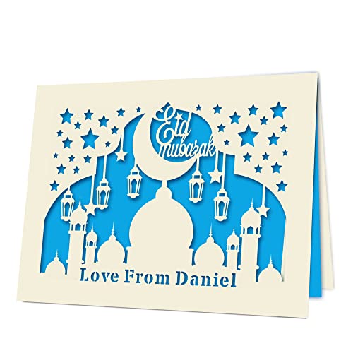 EDSG Personalized Eid Cards Custom Eid Mubarak Card Personalized Ramadan Gifts Eid Mubarak Decorations Ramadan Mubarak Decorations Ramadan Decoration for Her Him Boy Girl with Envelope (Blue) - color: Blue
