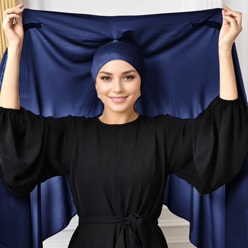 Instant Hijab Set 3-in-1 Chiffon Hijab Scarf for Women with Built-in Magnets and Undercap Head Wraps - color: Navy