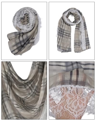 JUMISEE Elegant Floral Lace Hijab Scarf for Women Soft Cotton Head Wrap Instant Hijab Long Scarves Evening Dress Shawl - color: Beige Plaid Pattern