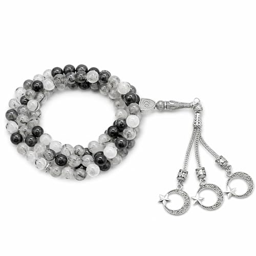 Amazing Gemstone Black Rutilated Quartz Tasbeeh with Moon and Star Charm - Certified Crystal Muslim Prayer Beads Natural Gemstone Tasbih Gift for Ramadan Dhikr and Daily Namaz (S) - color: Black Rutilated Quartz