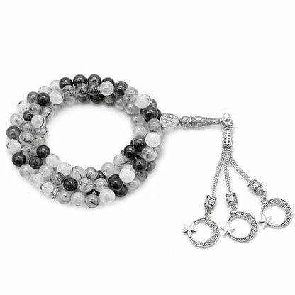 Amazing Gemstone Black Rutilated Quartz Tasbeeh with Moon and Star Charm - Certified Crystal Muslim Prayer Beads Natural Gemstone Tasbih Gift for Ramadan Dhikr and Daily Namaz (S) - color: Black Rutilated Quartz