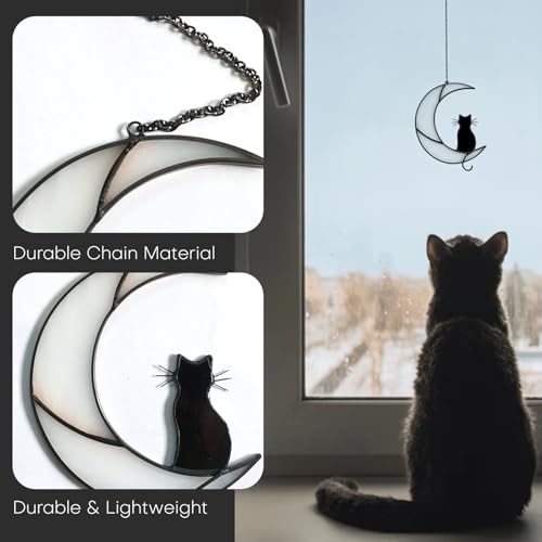 Cat Moon Stained Glass Suncatcher, Window Hanging Decor, Black & White - color: White Black