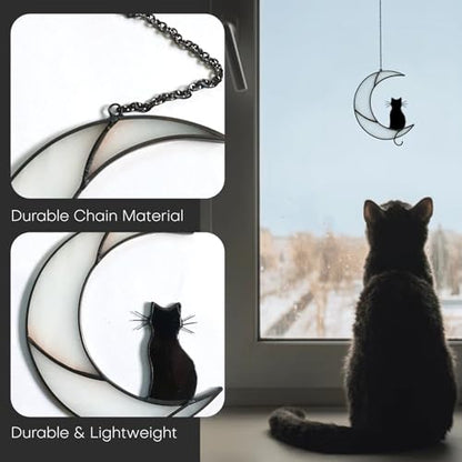 Cat Moon Stained Glass Suncatcher, Window Hanging Decor, Black & White - color: White Black