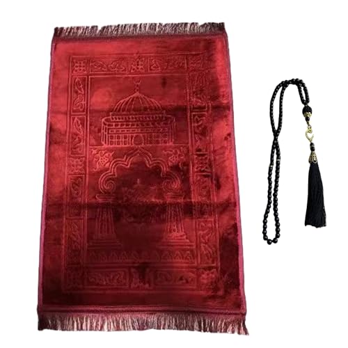 Thick Flannel Muslim Prayer Rug Embossed Turkish Prayer Carpet Islam Prayer Mat Rosary Beads for Men Women Islamic Janamaz Great Ramadan Eid Gift Elegant Sajadah with Tassel Salat Rug 80x120cm - color: Red