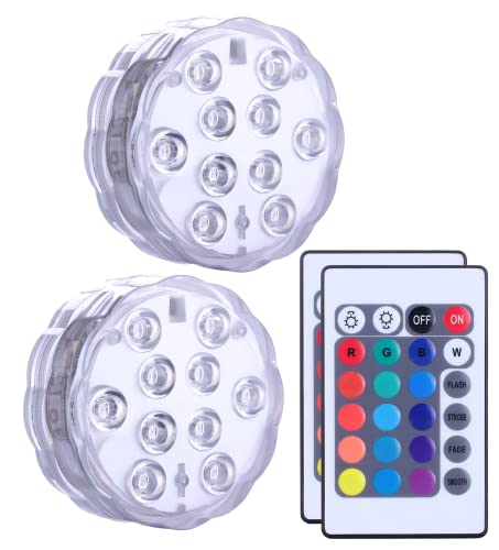 Submersible Pool Light w/Remote, 2-Pack IP68 Waterproof Battery Powered LED | RGB 16 Colors Changing Dimmable Decoration for Above Ground Inground Pool, Pond, Hot Tub, Vase, Aquarium, Party, Bathtub, Spa - size: 2 Pack