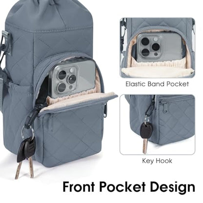 sportsnew 40oz Insulated Crossbody Water Bottle Bag Gym Hiking Phone Pocket | Water-resistant Lining, Padded Strap, Top Handle, Drawstring, Phone Pocket, Elastic Slots, Built-In Key Clip for Gym Walking - color: Quilt Blue