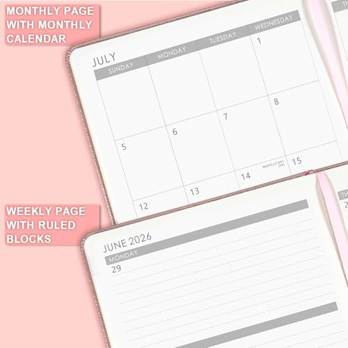 2026-2027 Planner - Academic Planner 2026-2027, 26-27 Planner Weekly and Monthly, 5.75" x 8.25", Jul. 2026 - Jun. 2027, Saffiano Leather with Thick Paper, Hardcover, Pen Holder, Back Pocket with Notes Pages - Rose Gold - color: Pink 2