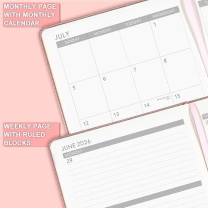 2026-2027 Planner - Academic Planner 2026-2027, 26-27 Planner Weekly and Monthly, 5.75" x 8.25", Jul. 2026 - Jun. 2027, Saffiano Leather with Thick Paper, Hardcover, Pen Holder, Back Pocket with Notes Pages - Rose Gold - color: Pink 2