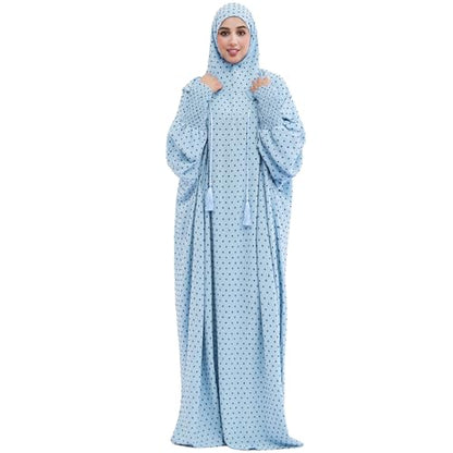 Upgraded Abaya Dress for Women 1PC Hoodie Polka Dot Modest Prayer Robe - color: Light Blue, size: Size 1
