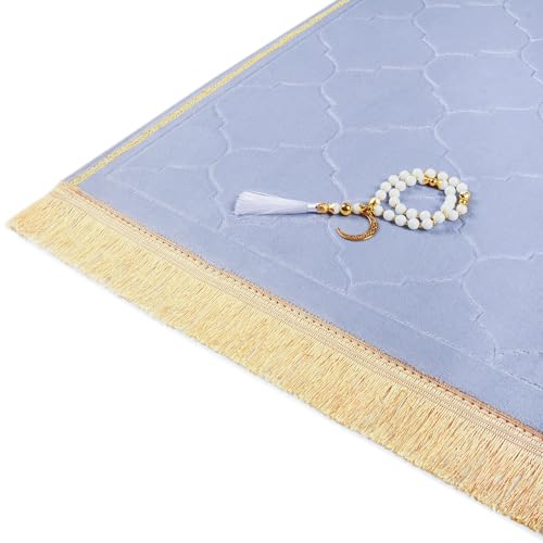 Muslim Prayer Rug with Tasbih Prayer Beads, Soft Memory Foam Prayer Matt Islam, Padded Islamic Prayer Mat Thick for Men and Women, Janamaz, Sajadah (25.6" x 43.3", Grey) - color: Grey