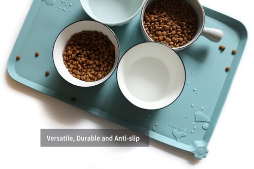 Hoki Found L Silicone Non Slip Pet Food Tray - Dog Cat Bowl Mats - Waterproof Dog Cat Food Mats for Carpet - Light Turquoise - color: Light Turquoise, size: 22" x 14"