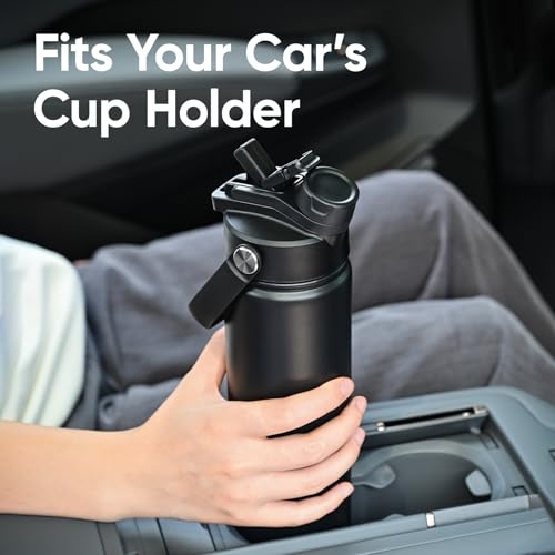 24 oz Insulated Water Bottle, 2-in-1 Lid, Straw & Spout with Protected, Leak Proof, Keep Cold 24H, Cup Holder Fit, Stainless Steel, Metal, Reusable, for Travel, Gym and School, 2 Lids, Midnight Black - color: Midnight Black, size: 24 Ounces