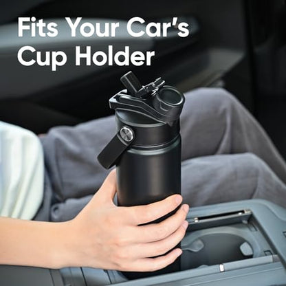 24 oz Insulated Water Bottle, 2-in-1 Lid, Straw & Spout with Protected, Leak Proof, Keep Cold 24H, Cup Holder Fit, Stainless Steel, Metal, Reusable, for Travel, Gym and School, 2 Lids, Midnight Black - color: Midnight Black, size: 24 Ounces