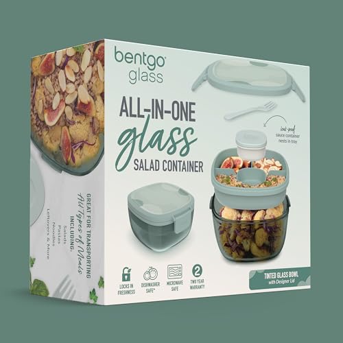 Bentgo Glass Prints Salad Container - 7.6-Cup Tinted Glass Salad Bowl with Airtight Lid, Leak-Proof Sauce Container, 4-Compartment Bento Meal Prep Tray & Reusable Fork (Mod Curve - Serene Green) - color: Mod Curve - Serene Green