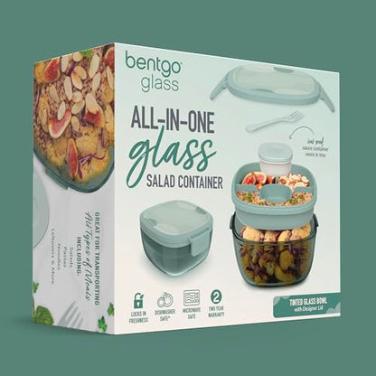 Bentgo Glass Prints Salad Container - 7.6-Cup Tinted Glass Salad Bowl with Airtight Lid, Leak-Proof Sauce Container, 4-Compartment Bento Meal Prep Tray & Reusable Fork (Mod Curve - Serene Green) - color: Mod Curve - Serene Green
