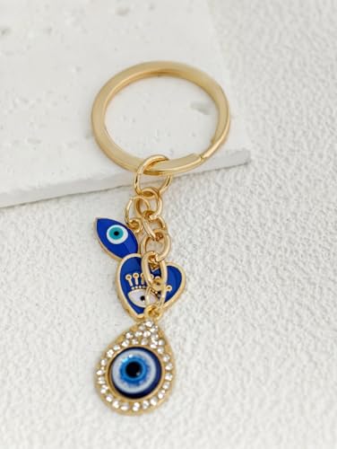 Blue Evil Eye Keychain Hamsa Hand Protection Keyring Good Luck Amulet for Purse Keys,Spiritual Gift for Women Men - color: Gold-1
