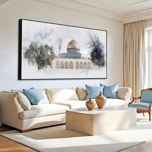 Canvas Wall Art - Aqsa Mosque with Olive Trees, Masjid Aqsa Canvas Print, Islamic Wall Art, Kaaba Wall Decor, Muslim Poster, Religious Print Art, Home Wall Decor (Black Framed, 23"x12"|60x30cm) - color: Black Framed, size: 23L"x12W"