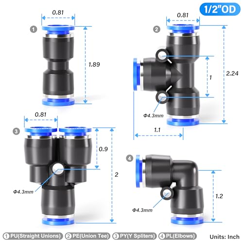 TAILONZ PNEUMATIC 1/2 Inch od Push to Connect Fittings Pneumatic Fittings kit 5 Spliters+5 Elbows+5 tee+5 Straight (20 pcs) - color: Blue, size: 1/2"OD/20PCS