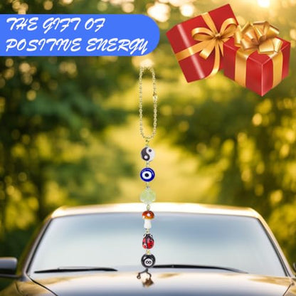 Evil Eye Car Hanging Charm,Rear View Mirror Accessories,Boho Mushroom Decor | Good Lucky Days,Four-Leaf Clover Pendant for Women Men,Cute 8 Ball Ladybug Yin Yang Symbol Ornament