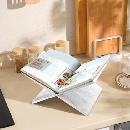 Geetery Book Stand Bamboo Book Holder for Display Reading Textbook Holder Open Display Stand for Open and Closed, Cookbook, Magazines, Textbooks, Recipe(White) - color: White