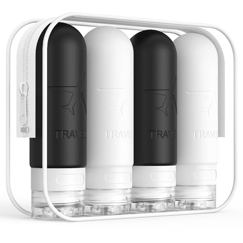 ME.FAN Travel Bottles for Toiletries,3oz Silicone Travel Size Containers, TSA Approved Squeezable Portable Split Bottle, Travel Accessories for Conditioner Shampoo Lotion - 4 Pack Black/White - color: Black/White