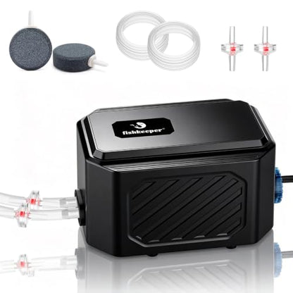 fishkeeper Strong Aquarium Air Pump 3W/6W/10W for 1-200 Gallon | Stainless Steel Dual Outlets Adjustable Fish Tank Air Pump, Ultra Quiet Oxygen Aerator with Air Stone Bubbler Accessories - size: 3W(for Up to 80 Gallon Tanks)