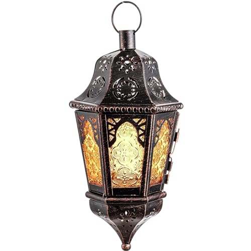 NEEDOMO Hanging Moroccan Lantern, 13.5'' Vintage Metal Candle Holder with 14.8" Chain, Ramadan Lanterns Decorative Indoor Outdoor for Home, Table, Patio, Porch, Christmas,Halloween, Spring (Amber) - color: Amber