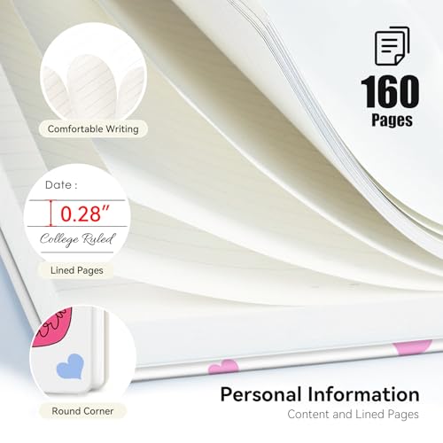 Lined Spiral Journal Notebook, A5 College Ruled Spiral Notebook for Women, Hardcover with Elegant Design for Work and Note-Taking, 5.5 * 8.25 inch, 160 Pages, Heart - color: Heart