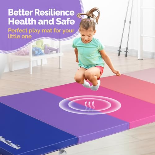 Matladin Folding Gymnastics Gym Exercise Aerobics Mat, 76"L x 30"W x 1.5"Th Folding Exercise Mat, Easy to Clean PU Leather Tumbling Mats for Stretching Yoga Cheerleading Martial Arts, Kid Play(Pink ,Blue） - color: Pink ,Blue Gradient