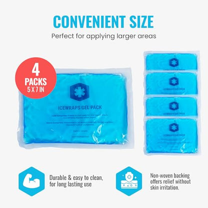 ICEWRAPS Reusable Ice Packs Compact 5 x 7 inches, Soft Cooling Pack 4 Pack | Hot or Cold Use, Puncture Resistant, Flexible Ice Pack for Everyday Comfort, Multipurpose Gel Design, FSA-HSA Eligible