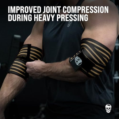 Gymreapers Weightlifting Elbow Wraps (1 Pair) - Flexible 40'' Elbow Compression Strap & Joint Support Brace - for Bench Press, Powerlifting, and Pressing - color: Tan