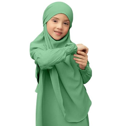 Muslim Clothes for Girls Toddler Kids Abaya Long Sleeve Dress Cotton Full Cover Hijab Islamic Kaftan Prayer Dresses - color: Mint Green, size: 3-4T