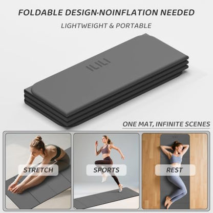 ILILI Foldable Yoga Mat 71 * 24 * 0.3 Inch | Lightweight TPE Non Slip Exercise Mat, Waterproof Portable Fitness Mat for Home Gym, Pilates, Stretching & Daily Workouts - color: Grey