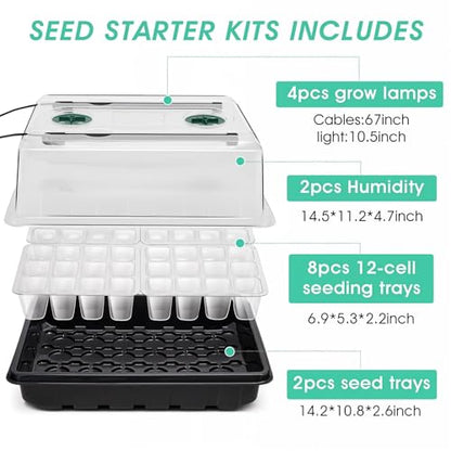 Seed Starter Tray with Grow Light, 96-Cell Seed Starter Kit, Seedling Starter Trays with Humidity Domes, Automatic Timer, Adjustable Light Indoor Gardening Plant Germination Trays - color: Black