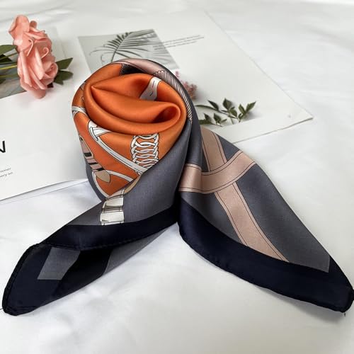 FONYVE Silk Feeling Scarf Medium Square Satin Head Scarf for Women 27.5 × 27.5 inches - color: 04 Orange & Purple Chain