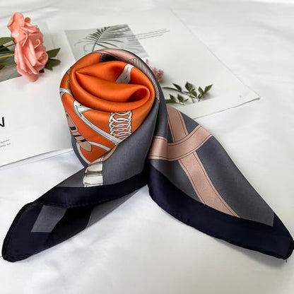 FONYVE Silk Feeling Scarf Medium Square Satin Head Scarf for Women 27.5 × 27.5 inches - color: 04 Orange & Purple Chain