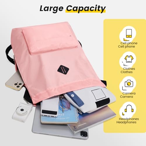Vorspack Drawstring Backpack Water Resistant String Bag Sports Gym Sack with Side Pocket for Men Women - color: Pink
