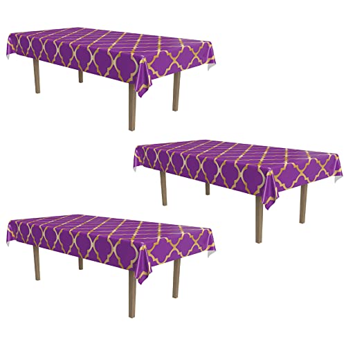 Beistle Lattice Tablecovers, 54” x 108”– Plastic Table Cloth, Moroccan Decorations for Party, Moroccan Tablecloth, Arabian Nights Theme Party, Rectangular Table Cloth Purple/Gold, 3 Pieces - style: Lattice Tablecover - 3 pack