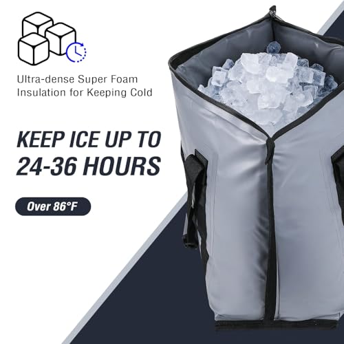 Buffalo Gear Insulated Fish Cooler - 27.5QT 58QT Waterproof Flat Bottom Bag, Leakproof and Fishing Kill Bag - color: Gray-37QT