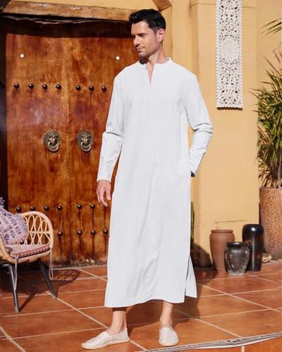 LVCBL Kaftan Thobe 남성용 빅 앤 톨 무슬림 로브 남성용 긴소매 카프탄 - color: 화이트., size: 라지